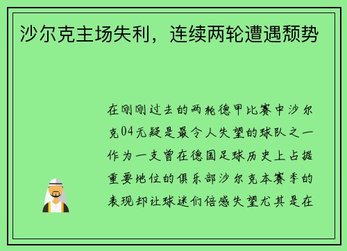 沙尔克主场失利，连续两轮遭遇颓势