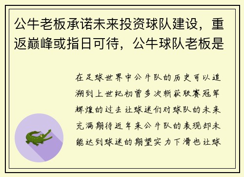 公牛老板承诺未来投资球队建设，重返巅峰或指日可待，公牛球队老板是谁