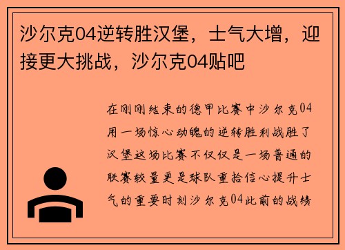 沙尔克04逆转胜汉堡，士气大增，迎接更大挑战，沙尔克04贴吧