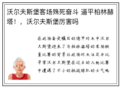 沃尔夫斯堡客场殊死奋斗 逼平柏林赫塔！，沃尔夫斯堡厉害吗