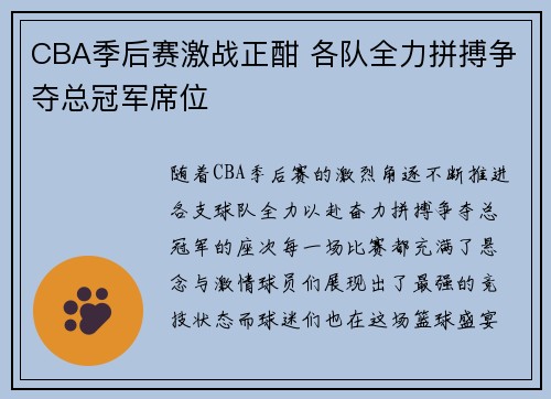 CBA季后赛激战正酣 各队全力拼搏争夺总冠军席位