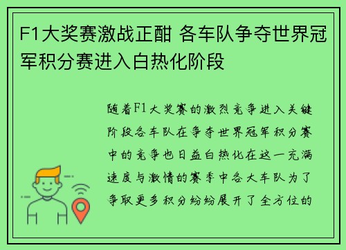 F1大奖赛激战正酣 各车队争夺世界冠军积分赛进入白热化阶段