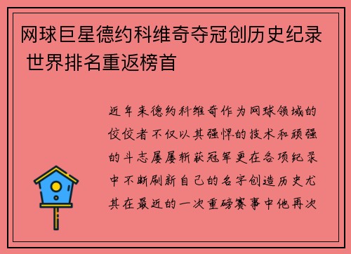 网球巨星德约科维奇夺冠创历史纪录 世界排名重返榜首