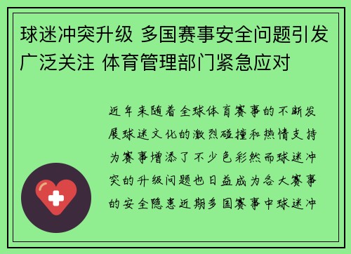 球迷冲突升级 多国赛事安全问题引发广泛关注 体育管理部门紧急应对