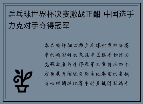 乒乓球世界杯决赛激战正酣 中国选手力克对手夺得冠军