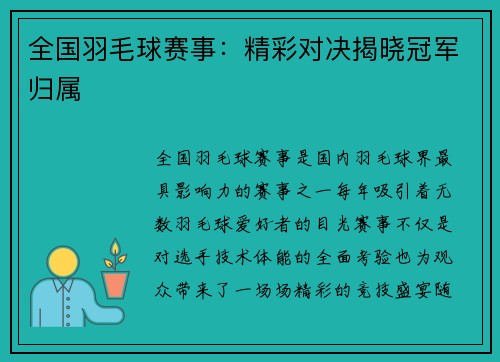 全国羽毛球赛事：精彩对决揭晓冠军归属