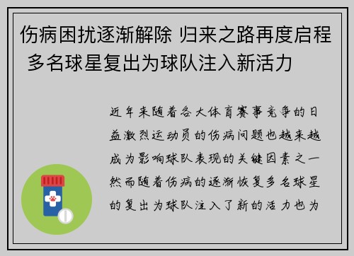 伤病困扰逐渐解除 归来之路再度启程 多名球星复出为球队注入新活力