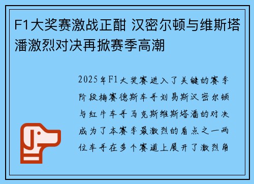 F1大奖赛激战正酣 汉密尔顿与维斯塔潘激烈对决再掀赛季高潮